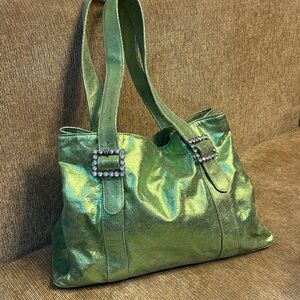 Green metallic satchel / shoulder bag with rhinestone buckles by Farfallina